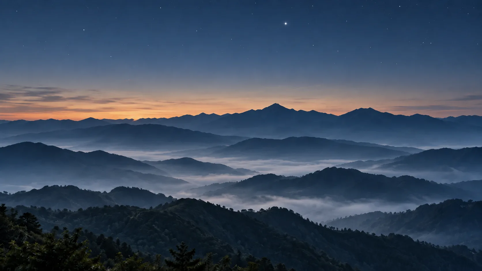 北極星が輝く薄明の空と、朝霧の中に重なる山並み